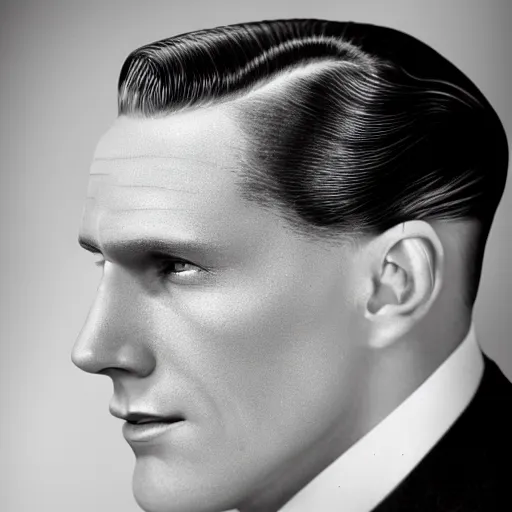 Image similar to A photograph portrait of Jerma985 with slicked back hair in the early 1920s, taken in the early 1920s, grainy, taken on a early 1900s Leica Camera, realistic, hyperrealistic, very realistic, highly detailed, very detailed, extremely detailed, detailed, digital art, trending on artstation