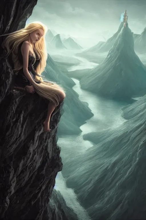 Image similar to A beautiful Norse heroine with long blonde hair on a ledge of deep abyss fantasy with a faulcon on her arm, tibet, vertiginous view and valley, intricate, elegant, highly detailed, D&D, digital painting, artstation, concept art, matte painting, sharp focus, illustration, extremely moody lighting, glowing light and shadow, atmospheric, shadowy, cinematic, in the style of Greg Rutkowski and roger deakins, paolo reversi, jim burn, and Alphonse Mucha