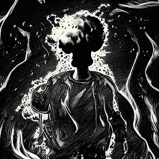 Image similar to a person with a mushroom cloud instead of a head, skull explosion, dark, fine detail heavy metal gritty style