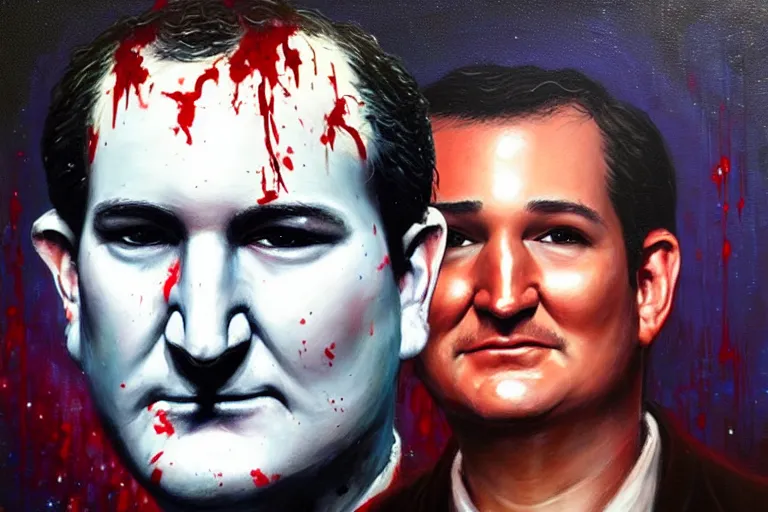 Image similar to portrait of ted cruz wearing burlap bloodsplattered as the zodiac killer at night, an oil painting by ross tran and thomas kincade