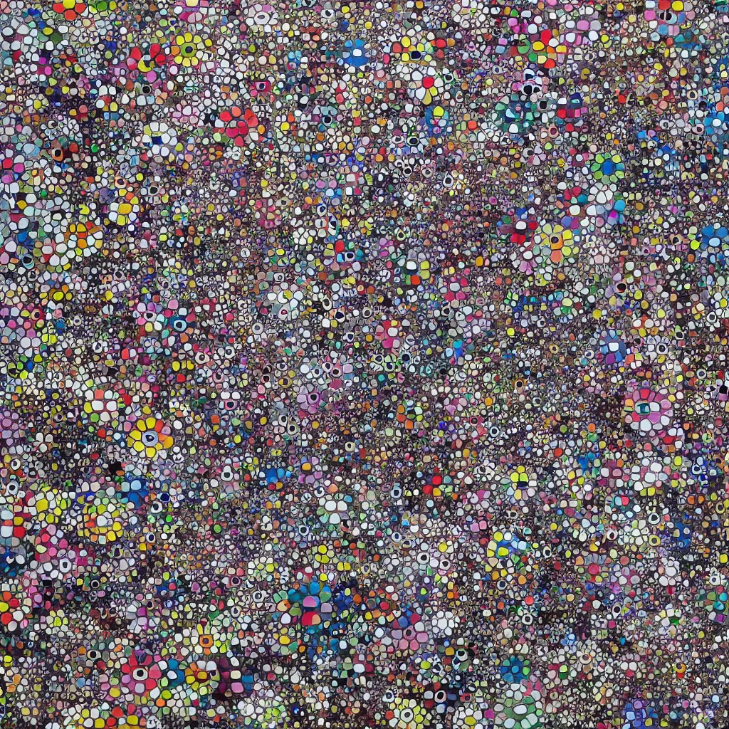 Image similar to camouflage made of love, style of takashi murakami, abstract, rei kawakubo artwork, cryptic, dots, stipple, lines, splotch, color tearing, pitch bending, color splotches, dark, ominous, eerie, minimal, points, technical, old painting