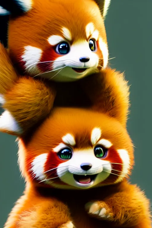 Image similar to high quality 3 d render hyperrealist very cute happy red panda & cat hybrid, vray smooth, detective pikachu, very dramatic light, low angle, uhd 8 k, shallow depth or field