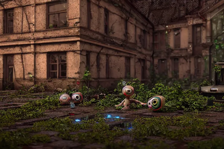 Image similar to Broken ugly toy doll with glowing eyes lying on old courtyard with mud and an old playground between two soviet five-storey overgrown with ivy panel houses, high details, cinematic, 8k resolution, beautiful detailed, insanely intricate details, artstation trending, rule of third, octane render, unreal engine