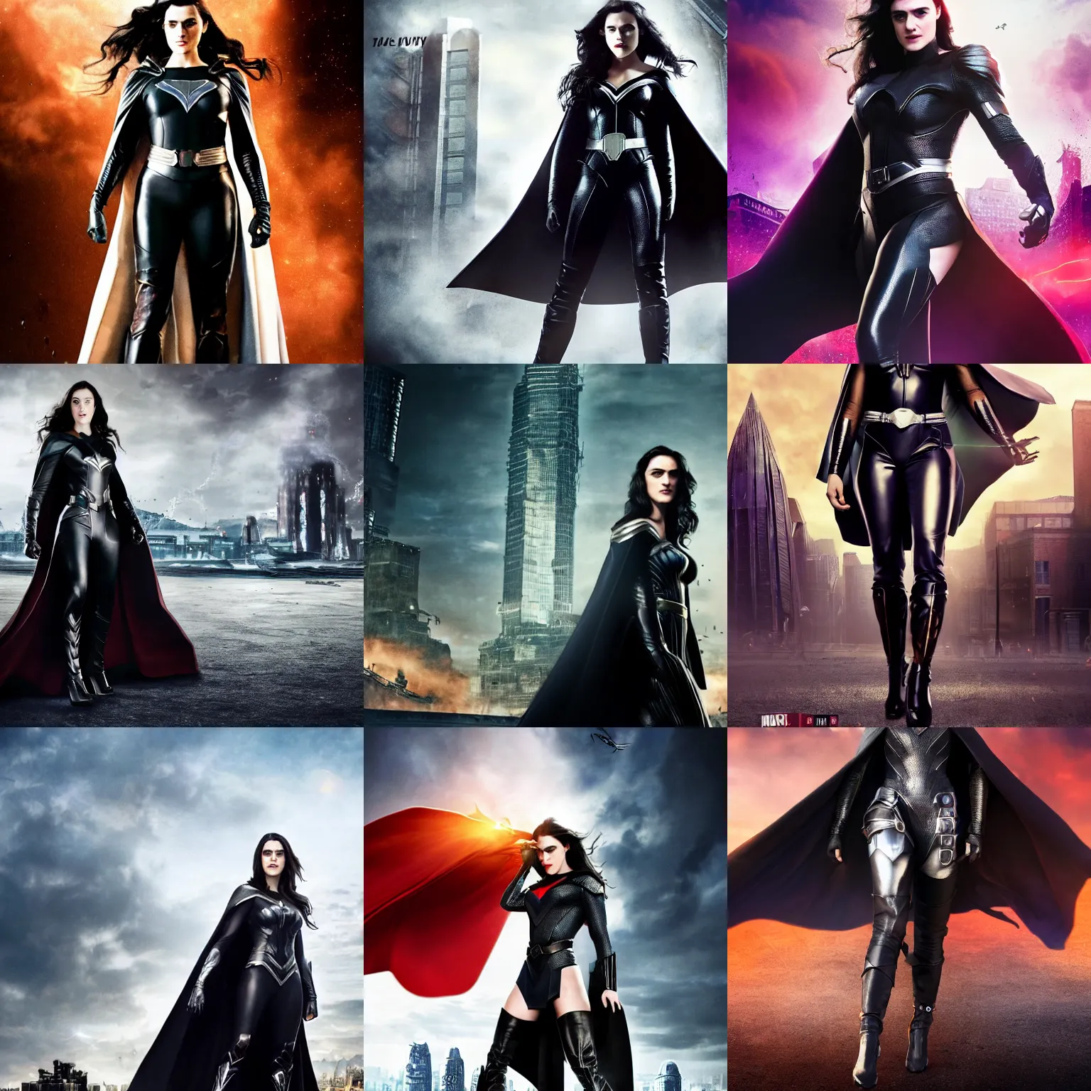 Prompt: epic film still of beautiful katie mcgrath as a superheroine in the new marvel superhero movie, black cape, black leather costume, metal belt, silver trim, stiletto heeled boots, movie still 8 k, shallow depth of field, destroyed city in the background, promotional poster