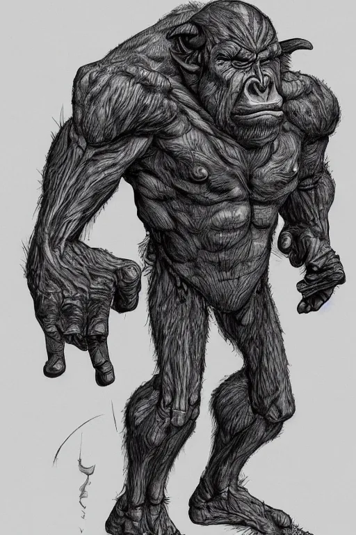 Image similar to humanoid hunched figure troll with 1 horn, ogre, ape, highly detailed, digital art, sharp focus, trending on art station, kentaro miura manga art style