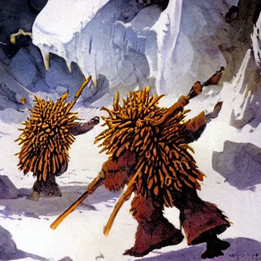 Prompt: Yetis throwing flaming pinecones on an underground glacier, Frank Frazetta