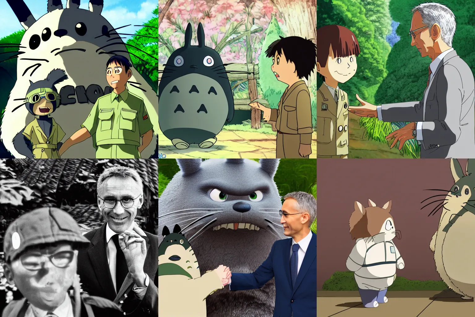 Prompt: Detailed photo of NATO general secretary Jens Stoltenberg meeting Totoro from the anime movie My Neighbor Totoro by Studio Ghibli, in the style of Hayao Miyazaki, Sigma 50mm f/5.6, high quality, trending on Artstation