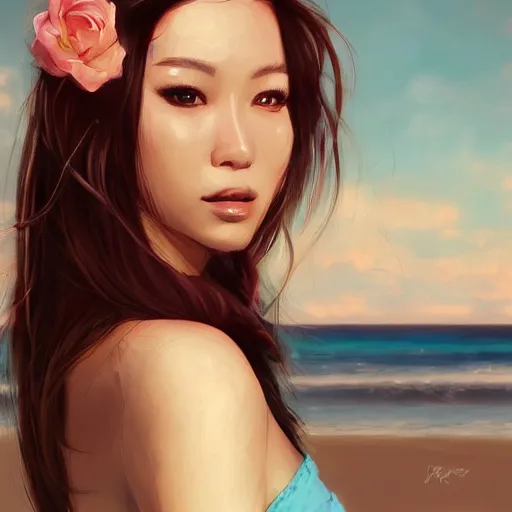 Prompt: portrait of beautiful woman on the beach by wlop, rossdraws, artgerm.