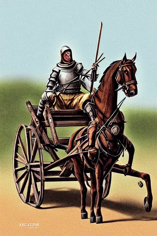 Prompt: a ( ( ( ( ( ( ( ( knight ) ) ) ) ) ) ) ) riding a wagon!!!!!!!!!!!!!! by chris mcgrath and greg rutowski, muted colors, detailed