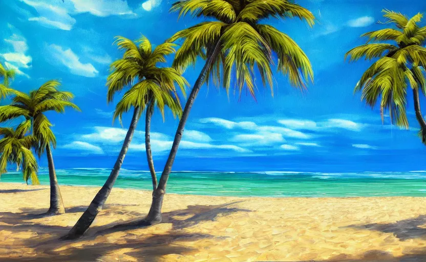 Prompt: A beautiful award winning painting of a tropical beach with palm trees and blue ocean trending on artstation vibrant color scheme lots detail