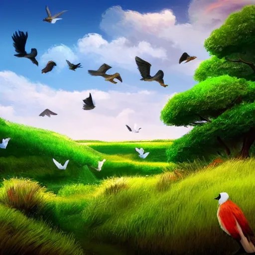 Prompt: a beautiful clean digital art of a landscape with lush green pastures and a beach with birds flying in the sky with white fluffy clouds, a colorful color palette, trending on artstation, 4 k