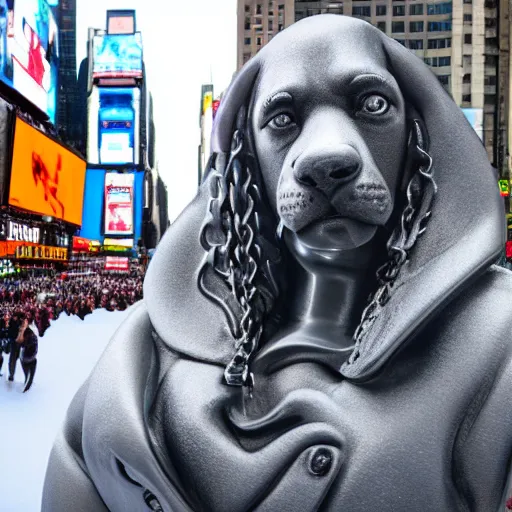 Prompt: snoop dog ice sculpture in times square, photorealistic, 8 k resolution, high detail