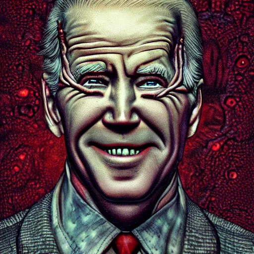 Prompt: biden became bloody ugly lovecraftian degenerate abomination, photo - realistic, color image, 2 k, highly detailed, bodyhorror, occult art, by giger, fractal structure