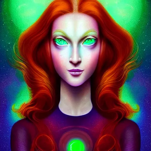 Image similar to an elegant Redhead Pleiadian alien human beautiful hybrid feminine woman, green skin, feminine face, long gorgeous red hair in loose curls, with stunning green eyes, cute face and a roundish nose, as a retrofuturistic heroine, face and body, gorgeous psychedelic digital painting, artstation, concept art, smooth, sharp focus, illustration, art by artgerm and donato giancola and Joseph Christian Leyendecker, Ross Tran, WLOP