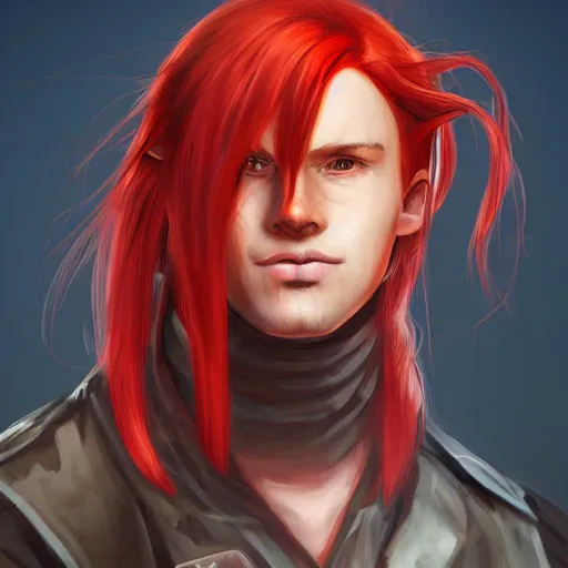 Image similar to portrait, 30 years old man :: red hair ponytail :: burned face :: high detail, digital art, RPG, concept art, illustration, Deviantart