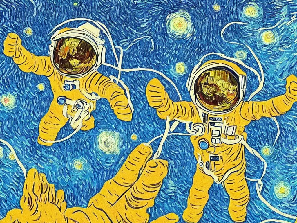 Image similar to bright beautiful oil painting of astronaut giving a thumbs up on a spacewalk, light scatter, van gogh