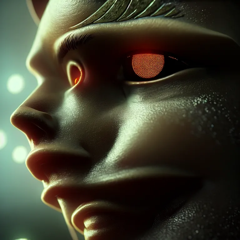 Image similar to ultra realistic beautiful cyborg deity eyes closed, fantasy, intricate details, movie still, highly detailed, photorealistic, octane render, eerie, 8k, art by james clyne and michael welan