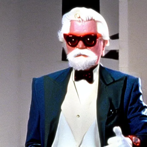 Image similar to A still of Colonel Sanders as an evil supervillain in a 1980s movie