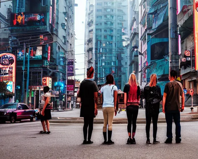 Prompt: group of people standing on a street corner in a cyberpunk city