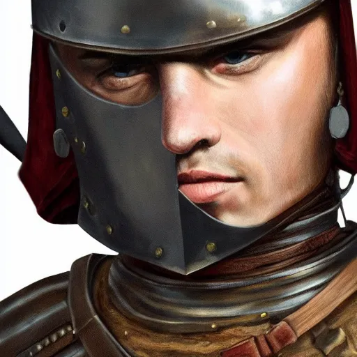 Prompt: realistic painting character portrait young scarred captain knight with a steel breastplate, short brown hair and stubble. straight nose, brown eyes, lean face and build. fighting with a longsword, no helmet. hyper detailed