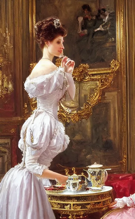 Prompt: Victorian princess drinking tea on the royal palace dining room. By Konstantin Razumov, highly detailded