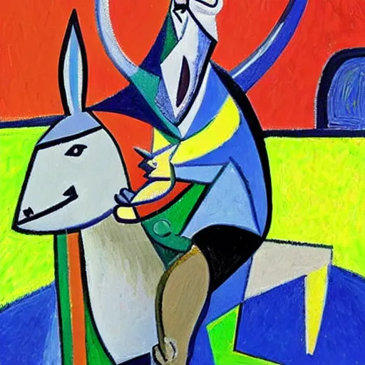 Prompt: simon whitlock riding a giant kangaroo, as painted by pablo picasso