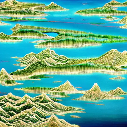 Image similar to a beautiful painting of a lake with many islands connected by bridges by hirohiko araki, detailed line art, jojos bizarre adventure