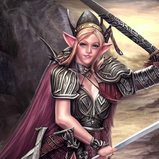 Image similar to high fantasy elf queen wearing loose armor, laying next to a large silver sword, realistic, digital art, stylized, 4k