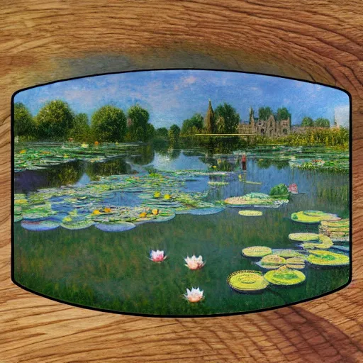 Prompt: sticker!!! with close - up of a smiling frog in the pond with water lilies, medieval castle on background, shallow depth of field, highly detailed, ominous, digital art, masterpiece, matte painting, sharp focus, matte painting, by isaac levitan, monet, asher brown durand,