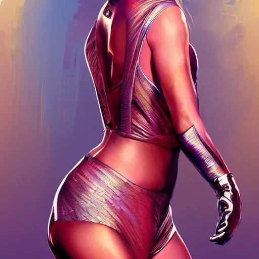 Image similar to Margot Robbie wearing a disco suit as a grand theft auto 5 loading screen, athletic , gorgeous, muscular, intricate, highly detailed, digital painting, artstation, concept art, sharp focus, illustration, art by greg rutkowski and alphonse mucha