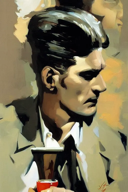 Image similar to dale cooper drinking coffee, coffee reflection, painting by jc leyendecker!! phil hale!, angular, brush strokes, painterly, vintage, crisp