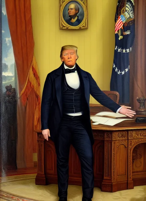 Prompt: portrait of the united states president, 1 8 6 7, donald trump. standing in the oval office. oil on canvas by william sidney mount, trending on artstation