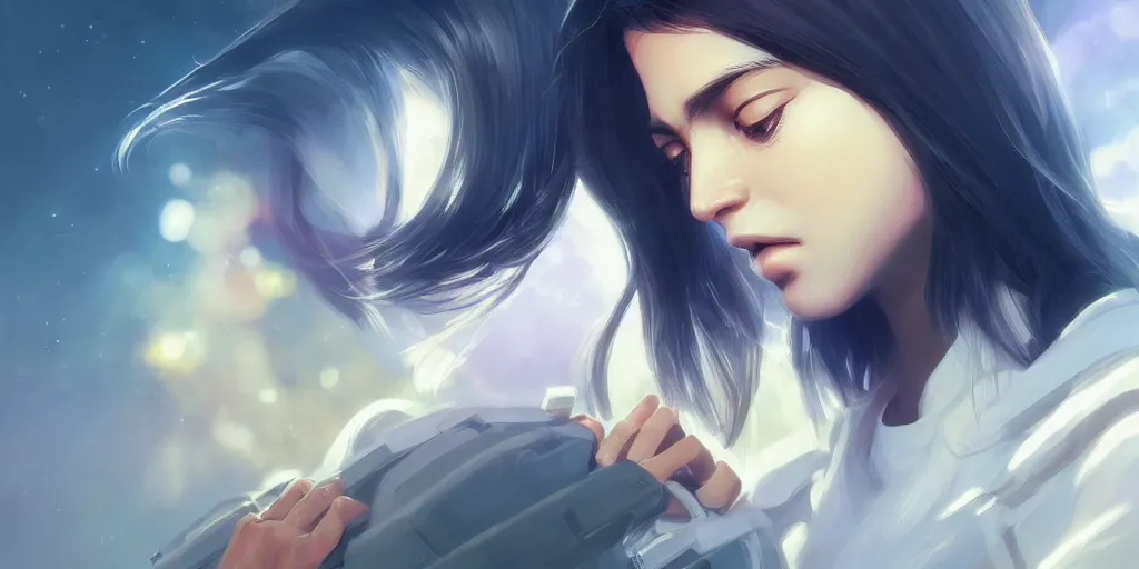 Image similar to Young Himalayan woman piloting a space shuttle, somber white eyes, long ashy hair, gentle lighting, dim lighting, digital art by Makoto Shinkai ilya kuvshinov and Wojtek Fus, digital art, concept art,