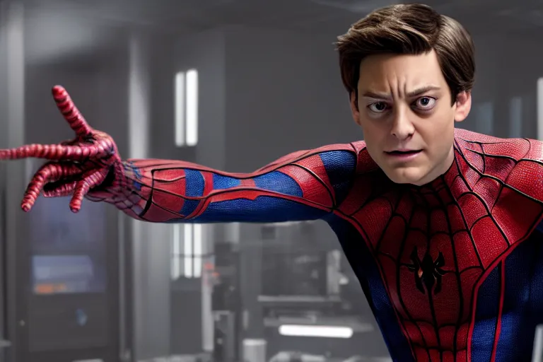 Prompt: Marvel Raimiverse Peter Parker played by Tobey Maguire working at a laboratory ultra realistic, 4K, movie still, UHD, sharp, detailed, cinematic