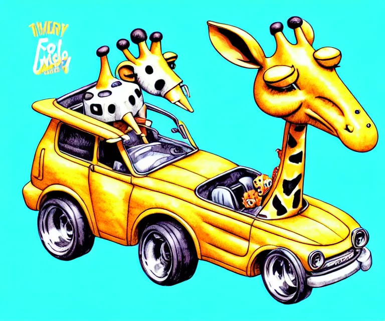 Image similar to cute and funny, giraffe wearing a helmet riding in a tiny hot rod with oversized engine, ratfink style by ed roth, centered award winning watercolor pen illustration, isometric illustration by chihiro iwasaki, edited by range murata, tiny details by artgerm and watercolor girl, symmetrically isometrically centered, focused