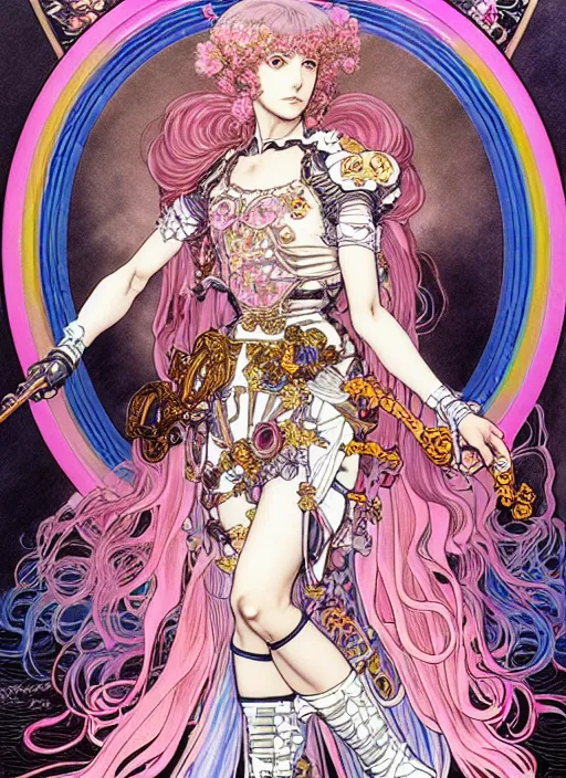 Image similar to artstation highly detailed terada katsuya ayami kojima manga poster of princess mechine, rainbow gradient reflection, long hair, armor, dress, laces, ruffles, 8 k, maximalist,, jump comics, tomer hanuka, alphonse mucha