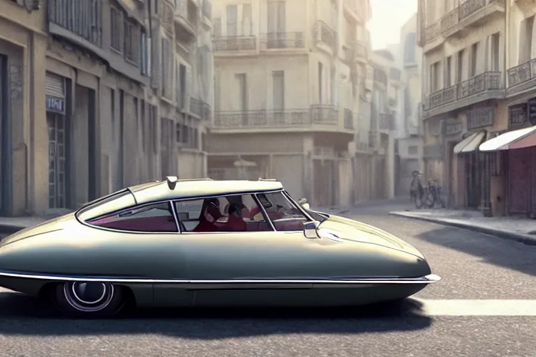 Image similar to a wholesome beautiful animation key shot of!! one!! focused!! 1 9 7 4 citroen ds!! in a paris street, medium wide shot, studio ghibli, ( pixar ) and disney animation, sharp, very detailed, high resolution, rendered in unreal engine 5, anime key art by greg rutkowski, bloom, dramatic lighting