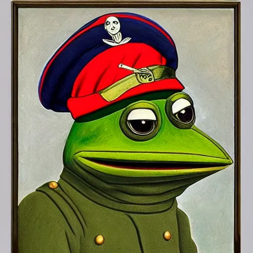 Image similar to pepe the frog in ww 1 military parade, schirmmutzen, pickelhaube, expressive oil painting in style of sandro botticelli and leonardo da vinci, uncropped