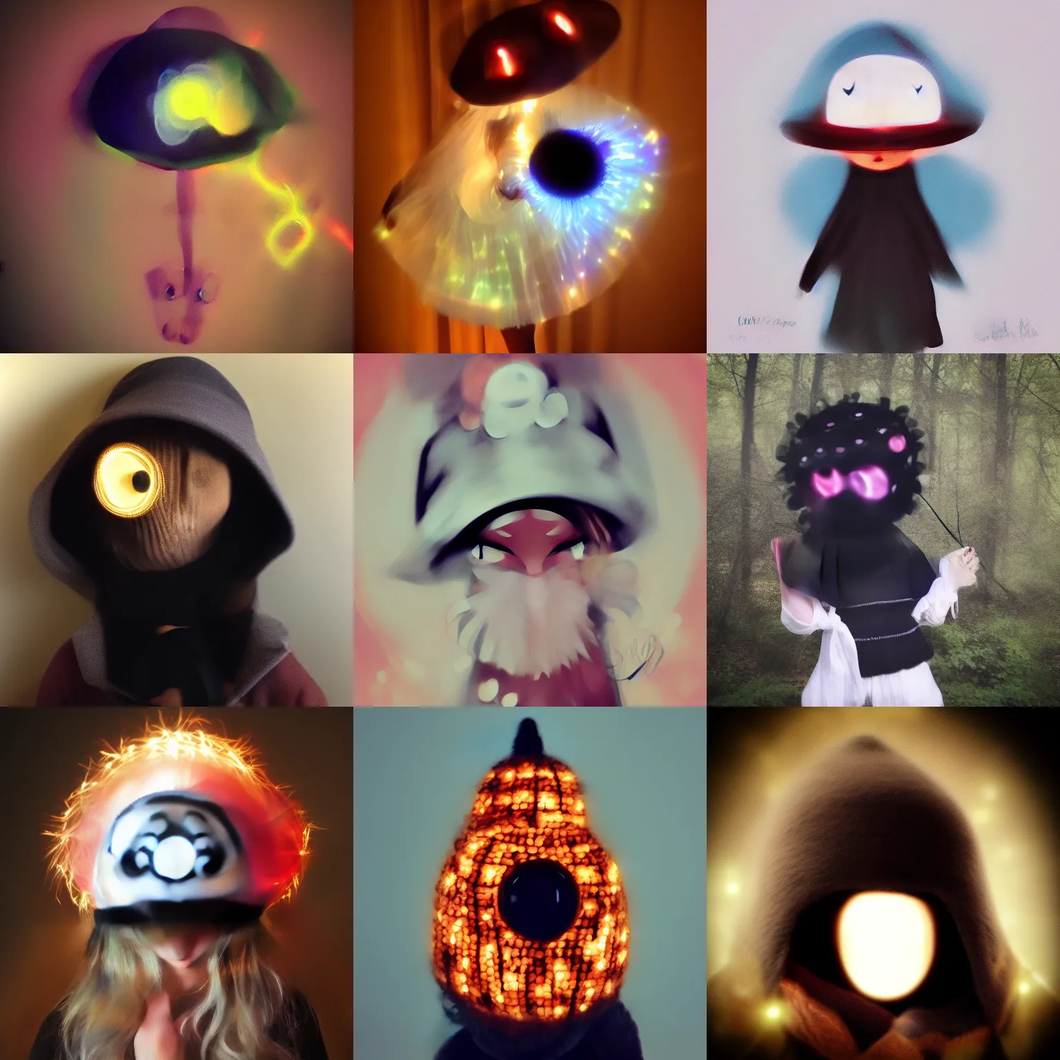 Prompt: tiny cute glowing eyes big hat no face