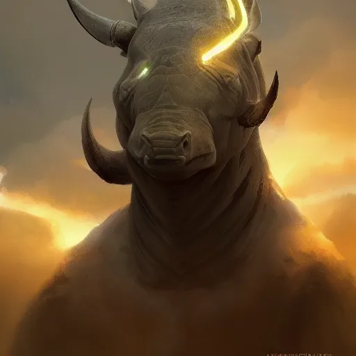 Prompt: a beautiful Norse Warrior based on a Rhino with glowing aura by Greg Rutkowski and Raymond Swanland, Trending on Artstation, cloudy background, ultra realistic digital art