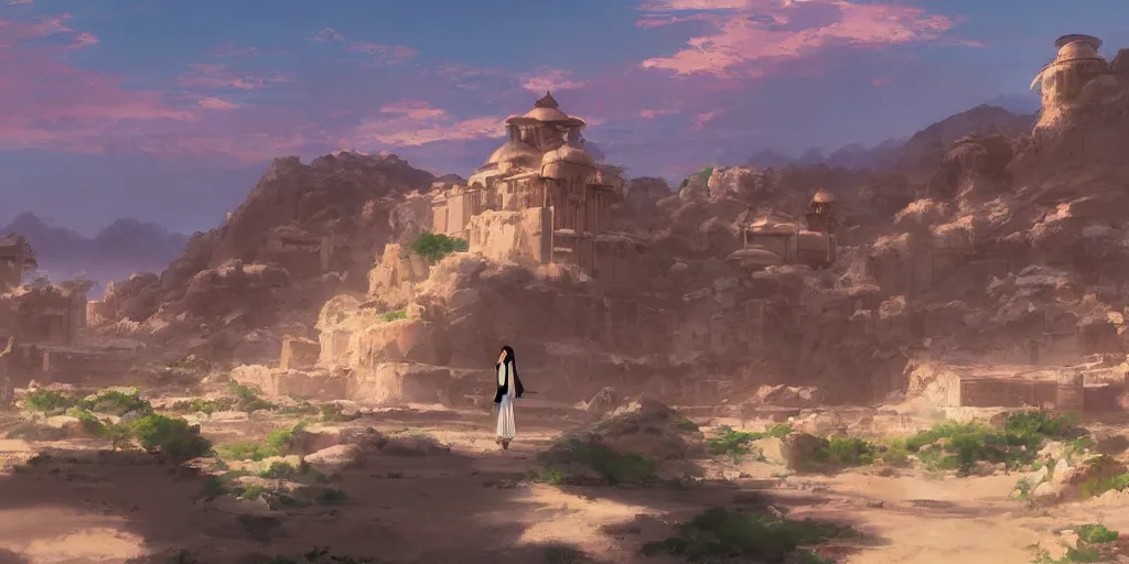 Image similar to a stunning desert landscape with an arabian palace on the horizon by makoto shinkai