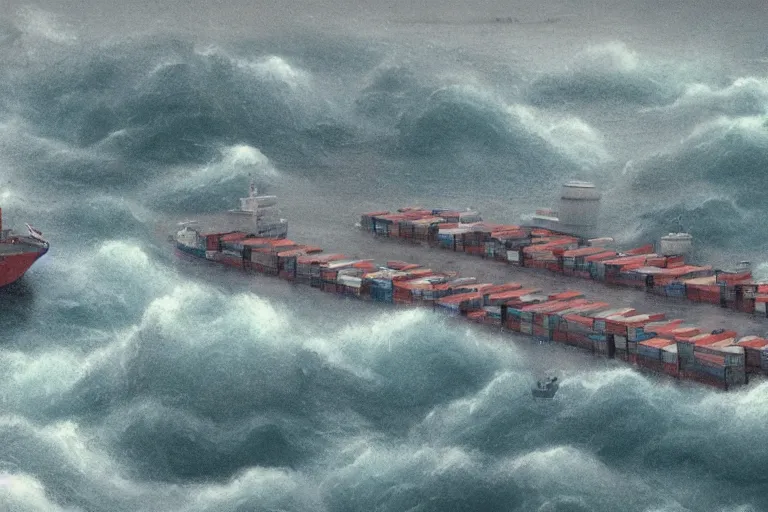 Image similar to merchant ship fleet in a storm, in the style of vernon grant and chris van allsburg, raging stormy sea, trending on artstation, bright tilt - shift camcorder effect, photoshop, retrowave, hyperrealism, octane, sharp focus, masterpiece