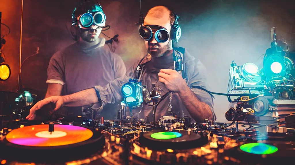 Image similar to a person wearing goggles and visor and headphones using a steampunk record player contraption, wires and tubes, turntablism dj scratching, intricate planetary gears, complex, cinematic, imax, sharp focus, iridescent, black light, fog, lasers