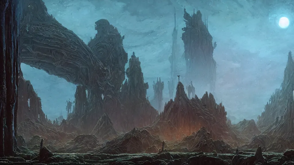 Image similar to eerie atmospheric alien planet with biomechanical plants and the ruins of civilization by les edwards and vincent di fate and anato finnstark, epic cinematic matte painting