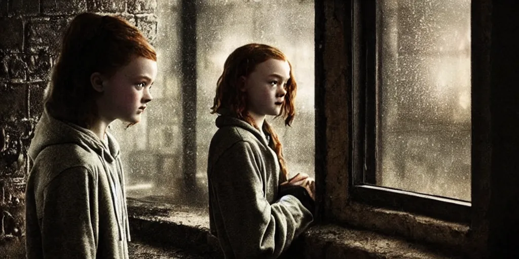 Image similar to at night, sadie sink in hoodie sits on windowsill, knees tucked in | rain falls, old brick wall with ussr propaganda posters : imax film, anamorphic, single long shot from schindler's list by steven spielberg. cyberpunk, cinematic atmosphere, detailed and intricate, perfect anatomy