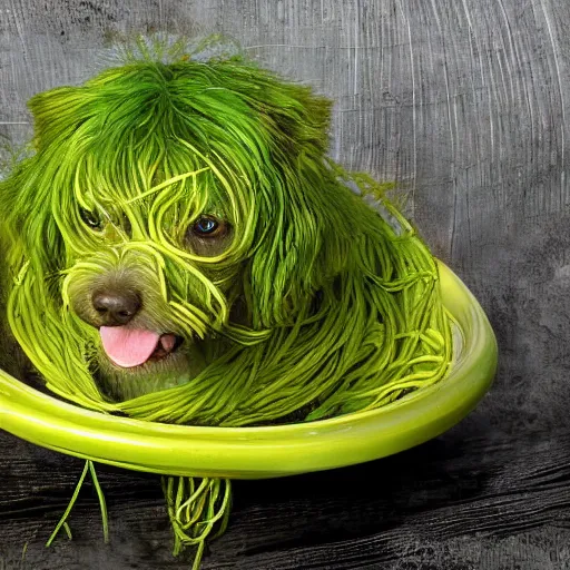 Prompt: green spaghetti dog cat hybrid photograph