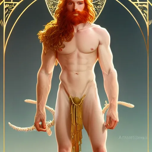 Prompt: panoramic view, beautiful natural male ginger angel wearing a white loincloth, intricate, elegant, highly detailed, digital painting, artstation, concept art, smooth, sharp focus, illustration, art by artgerm and greg rutkowski and alphonse mucha and loish and WLOP