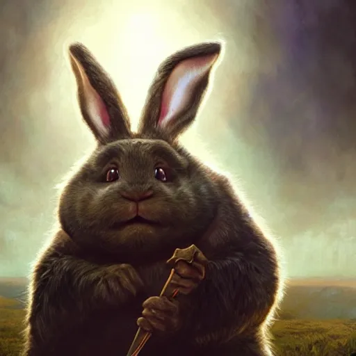 Prompt: hyper realistic, lord of the rings, close up portrait of a mega derpy john candy, big chungus, with bunny ears, stoned, by greg rutkowski, scott m fischer, artgerm, loish, slight glow, atmospheric, anne stokes, alexandros pyromallis