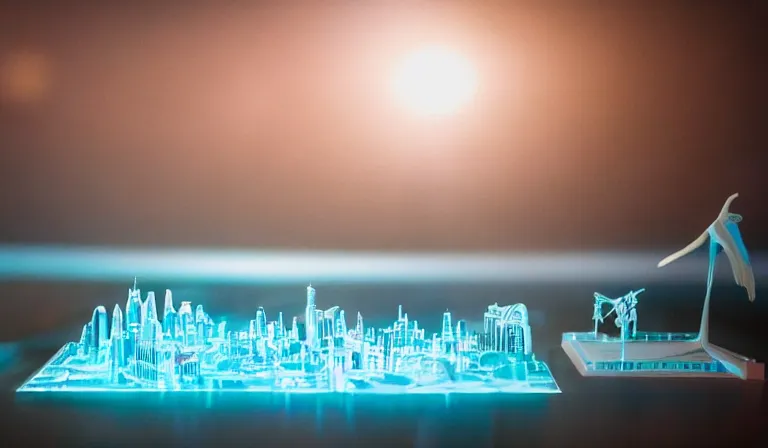 Image similar to crowd of people in simple white museum, looking at hologram of futuristic city on a table, cinematic concept art, godrays, golden hour, natural sunlight, 4 k, clear details, tabletop model buildings, center model buildings, hologram center, crane shot, crane shot, crane shot, white walls