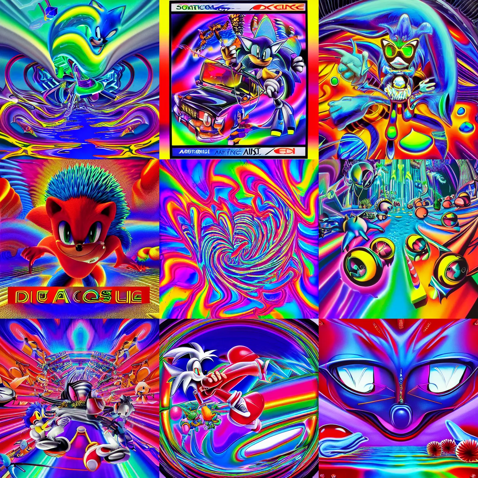 Prompt: surreal, sharp, detailed professional, high quality airbrush art mgmt album cover of a liquid dissolving airbrush art lsd dmt sonic the hedgehog channel surfing through cyberspace, iridescent checkerboard background, 1 9 9 0 s 1 9 9 2 sega genesis video game album cover
